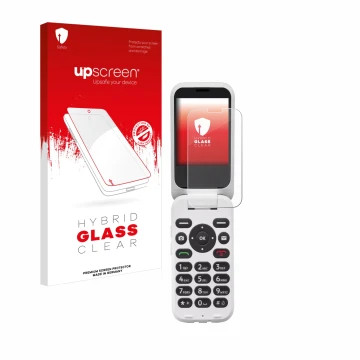 Front side of a product packaging with the brand logo upscreen. Next to it is the device Doro 6820 shown with the correspondin