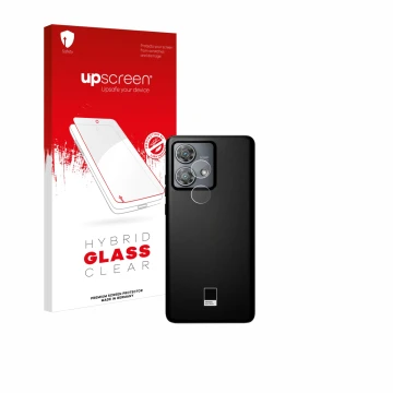 Front side of a product packaging with the brand logo upscreen. Next to it is the device Motorola Edge 40 Neo (ONLY Camera Len
