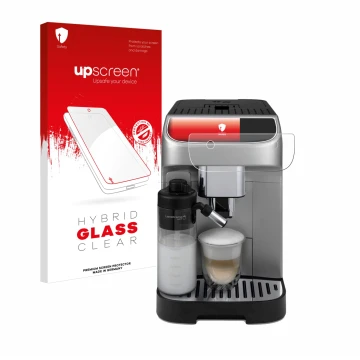Front side of a product packaging with the brand logo upscreen. Next to it is the device DeLonghi Magnifica Plus shown with th