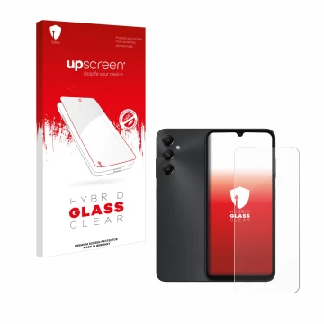 Front side of a product packaging with the brand logo upscreen. Next to it is the device Samsung Galaxy A05s shown with the co