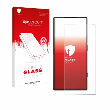 Front side of a product packaging with the brand logo upscreen. Next to it is the device ZTE Nubia Red Magic 8 Pro shown with 