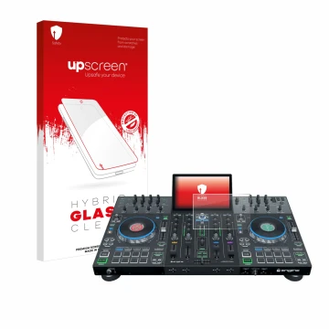 Front side of a product packaging with the brand logo upscreen. Next to it is the device Denon DJ Prime 4+ shown with the corr