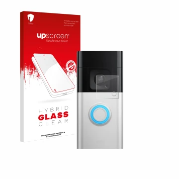 Front side of a product packaging with the brand logo upscreen. Next to it is the device Ring Video Doorbell Plus shown with t