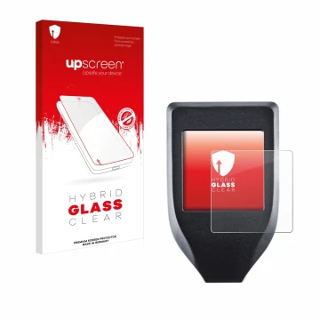 Front side of a product packaging with the brand logo upscreen. Next to it is the device Trezor Model T shown with the corresp