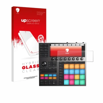 Front side of a product packaging with the brand logo upscreen. Next to it is the device Native Instruments Maschine + shown w