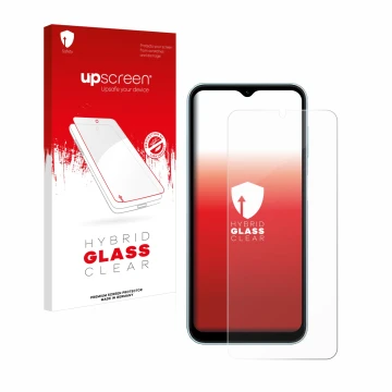 Front side of a product packaging with the brand logo upscreen. Next to it is the device Samsung Galaxy M15 shown with the cor