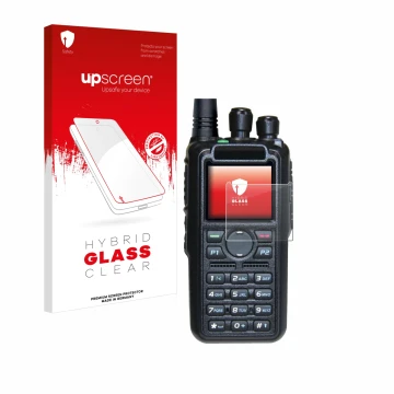 Front side of a product packaging with the brand logo upscreen. Next to it is the device AnyTone AT-D878UV II Plus shown with 