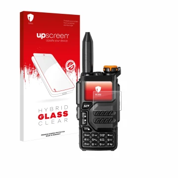 Front side of a product packaging with the brand logo upscreen. Next to it is the device Quansheng UV-K5 shown with the corres