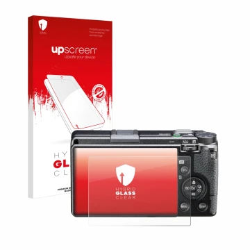Front side of a product packaging with the brand logo upscreen. Next to it is the device Ricoh GR IIIx HDF shown with the corr