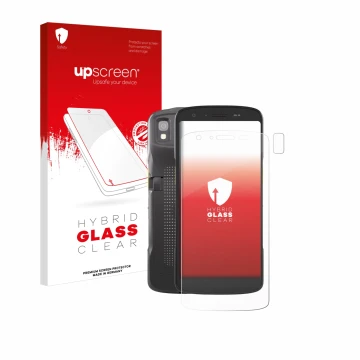 Front side of a product packaging with the brand logo upscreen. Next to it is the device Zebra TC22 (Front+Camera) shown with 