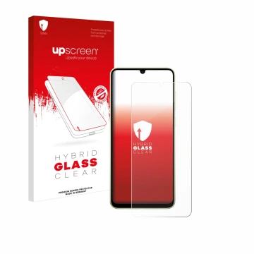 Front side of a product packaging with the brand logo upscreen. Next to it is the device Samsung Galaxy A05 shown with the cor