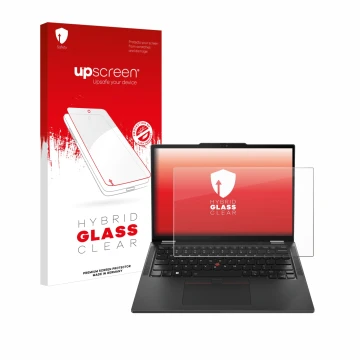 Front side of a product packaging with the brand logo upscreen. Next to it is the device Lenovo ThinkPad X13 Gen 5 shown with 