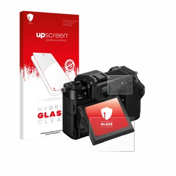 Front side of a product packaging with the brand logo upscreen. Next to it is the device Fujifilm GFX100S II (Display + top pl