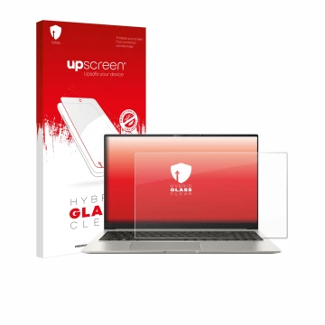 Front side of a product packaging with the brand logo upscreen. Next to it is the device ASUS ZenBook 15 OLED UM3504 shown wit