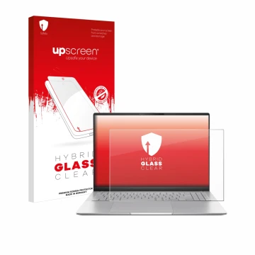 Front side of a product packaging with the brand logo upscreen. Next to it is the device ASUS Vivobook S16 OLED M5606 shown wi