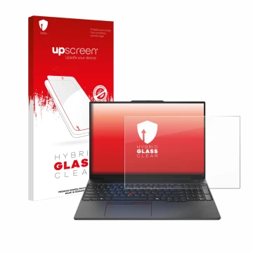 Front side of a product packaging with the brand logo upscreen. Next to it is the device Lenovo ThinkPad E16 Gen 2 shown with 