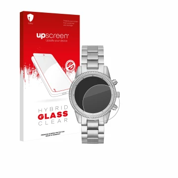 Front side of a product packaging with the brand logo upscreen. Next to it is the device Michael Kors Ritz MK6428 shown with t