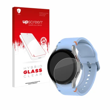 Front side of a product packaging with the brand logo upscreen. Next to it is the device Samsung Galaxy Watch FE shown with th