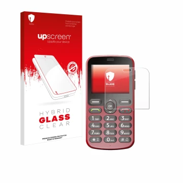 Front side of a product packaging with the brand logo upscreen. Next to it is the device Doro 1880 shown with the correspondin