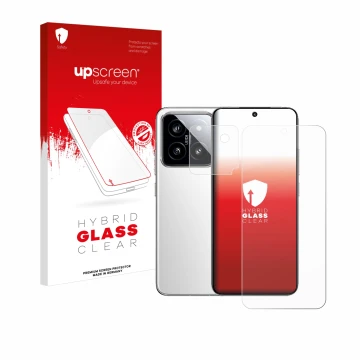 Front side of a product packaging with the brand logo upscreen. Next to it is the device Xiaomi 14 (Front+Camera) shown with t