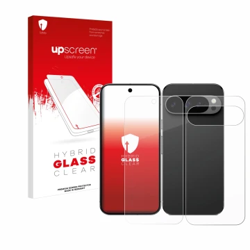 Front side of a product packaging with the brand logo upscreen. Next to it is the device Google Pixel 9 Pro (Front+Back) shown