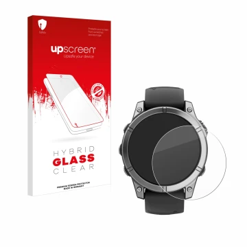 Front side of a product packaging with the brand logo upscreen. Next to it is the device Garmin Fenix E shown with the corresp