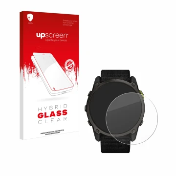 Front side of a product packaging with the brand logo upscreen. Next to it is the device Garmin Enduro 3 shown with the corres
