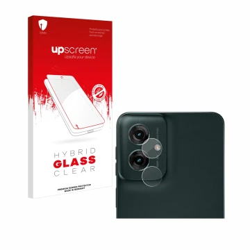 Front side of a product packaging with the brand logo upscreen. Next to it is the device Motorola Moto G55 (ONLY Camera Lens) 