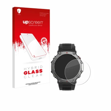 Front side of a product packaging with the brand logo upscreen. Next to it is the device Huami Amazfit T-Rex 3 shown with the 