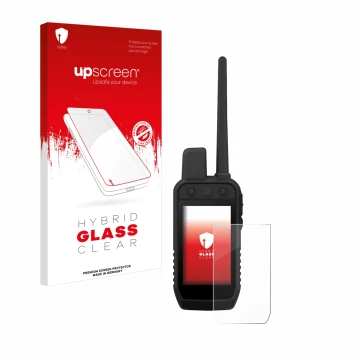 Front side of a product packaging with the brand logo upscreen. Next to it is the device Garmin Alpha 300 K shown with the cor