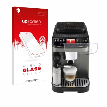 Front side of a product packaging with the brand logo upscreen. Next to it is the device DeLonghi Magnifica Evo Next shown wit