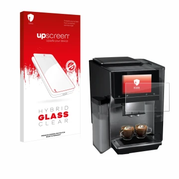 Front side of a product packaging with the brand logo upscreen. Next to it is the device Siemens EQ700 shown with the correspo