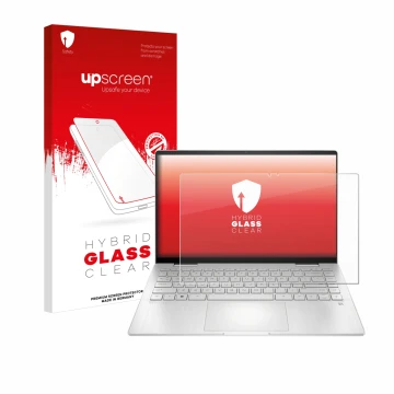 Front side of a product packaging with the brand logo upscreen. Next to it is the device HP Pavilion x360 14-ek2154ng 14