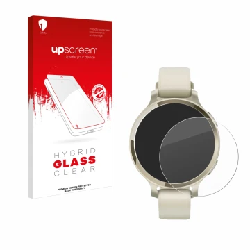 Front side of a product packaging with the brand logo upscreen. Next to it is the device Garmin Lily 2 Active shown with the c