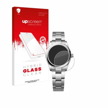 Front side of a product packaging with the brand logo upscreen. Next to it is the device Rolex Oyster Perpetual 31 shown with 