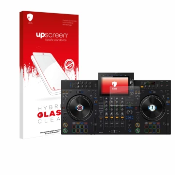 Front side of a product packaging with the brand logo upscreen. Next to it is the device AlphaTheta XDJ-AZ shown with the corr