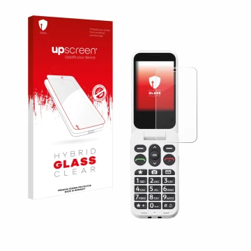 Front side of a product packaging with the brand logo upscreen. Next to it is the device Doro Leva L20 shown with the correspo
