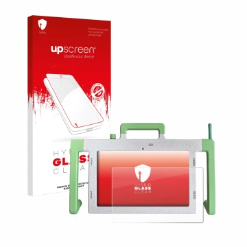 Front side of a product packaging with the brand logo upscreen. Next to it is the device Telemarie Tablet 10.1