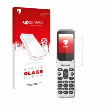 Front side of a product packaging with the brand logo upscreen. Next to it is the device Doro 2820 shown with the correspondin