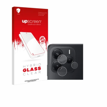 Front side of a product packaging with the brand logo upscreen. Next to it is the device Xiaomi Redmi Note 14 (ONLY Camera Len