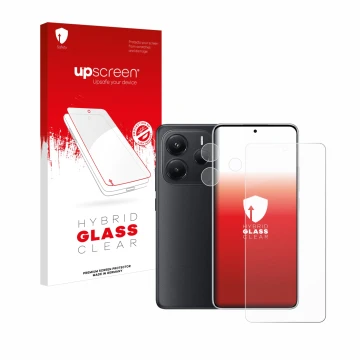 Front side of a product packaging with the brand logo upscreen. Next to it is the device Xiaomi Redmi Note 14 (Front+Camera) s