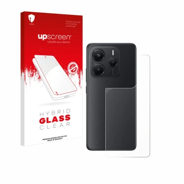 Front side of a product packaging with the brand logo upscreen. Next to it is the device Xiaomi Redmi Note 14 (Back) shown wit