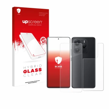 Front side of a product packaging with the brand logo upscreen. Next to it is the device Xiaomi Redmi Note 14 (Front+Back) sho