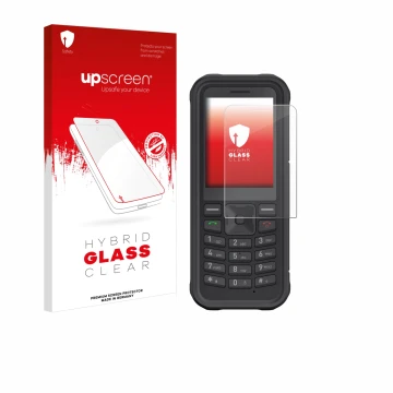 Front side of a product packaging with the brand logo upscreen. Next to it is the device Sonim XP100 shown with the correspond