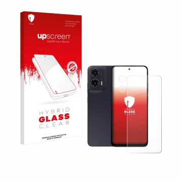 Front side of a product packaging with the brand logo upscreen. Next to it is the device Motorola Moto G35 (Front+Camera) show