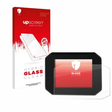Front side of a product packaging with the brand logo upscreen. Next to it is the device Moto Guzzi Stelvio 2024 shown with th