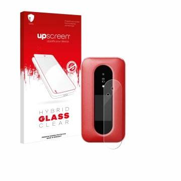 Front side of a product packaging with the brand logo upscreen. Next to it is the device Doro Leva L30 (Outer display) shown w