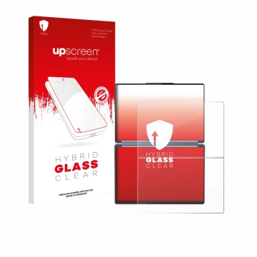 Front side of a product packaging with the brand logo upscreen. Next to it is the device Lenovo Yoga Book 9i Gen 10 shown with