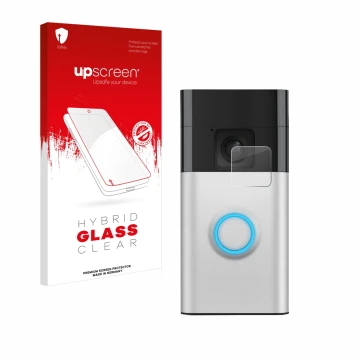 Front side of a product packaging with the brand logo upscreen. Next to it is the device Ring Battery Video Doorbell shown wit