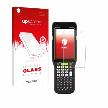 Front side of a product packaging with the brand logo upscreen. Next to it is the device Zebra MC3400 shown with the correspon